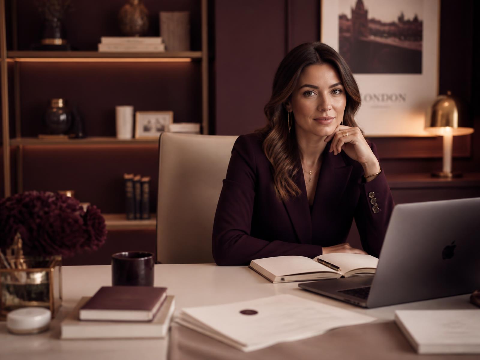 Female founder working at her desk in a warm plum-toned office